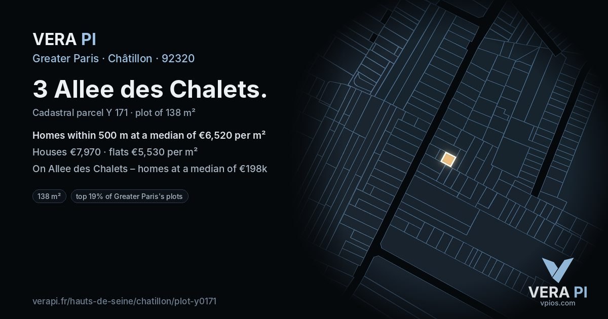 3 Allee des Chalets, Châtillon at night – the plot lit, the parcels around coloured by the prices near them