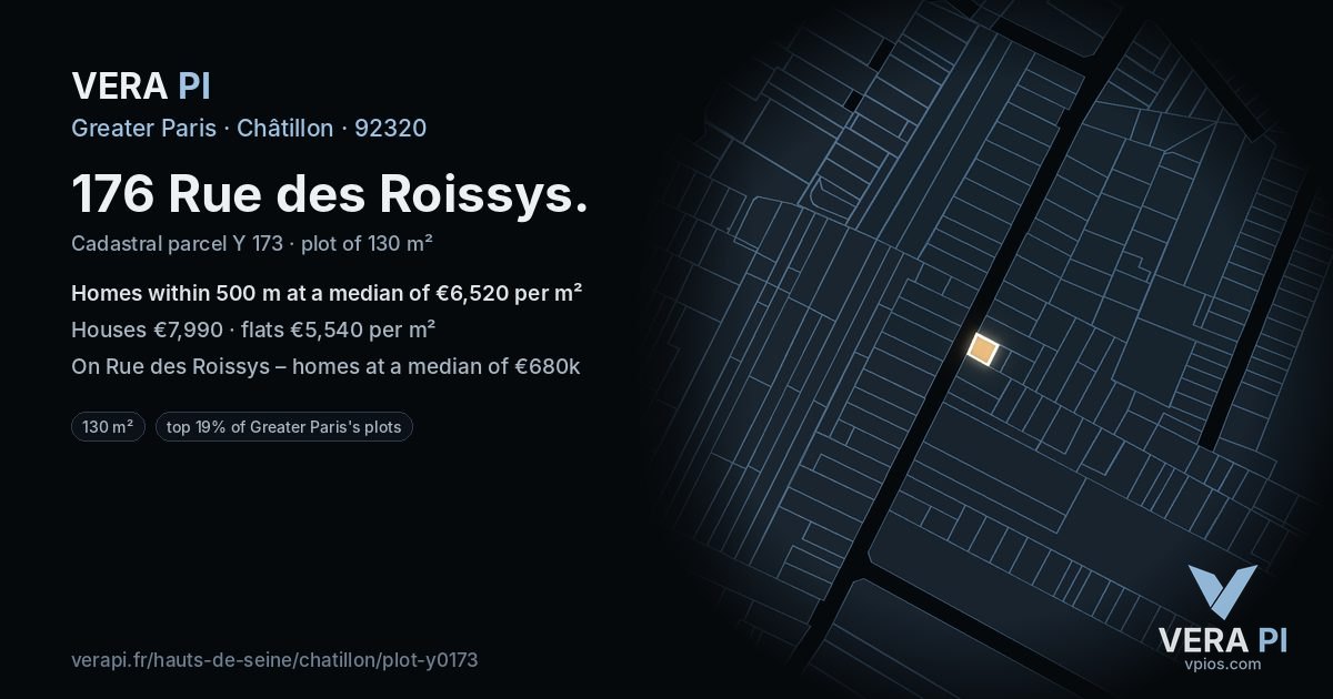 176 Rue des Roissys, Châtillon at night – the plot lit, the parcels around coloured by the prices near them