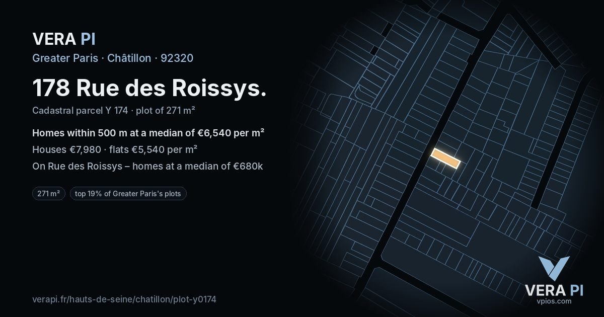 178 Rue des Roissys, Châtillon at night – the plot lit, the parcels around coloured by the prices near them