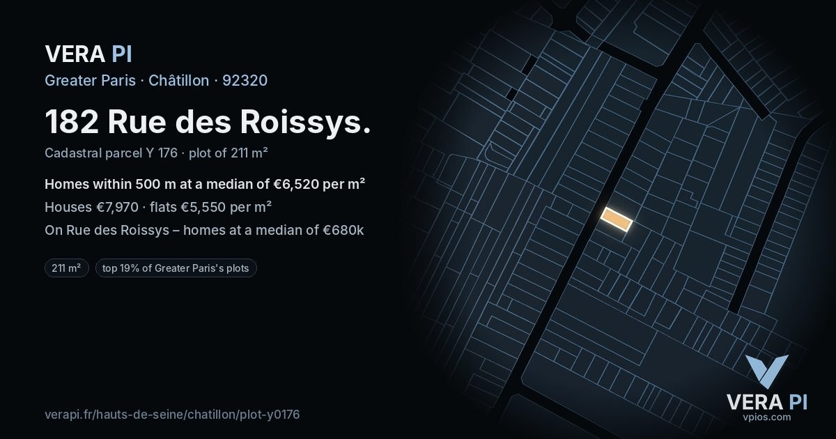 182 Rue des Roissys, Châtillon at night – the plot lit, the parcels around coloured by the prices near them