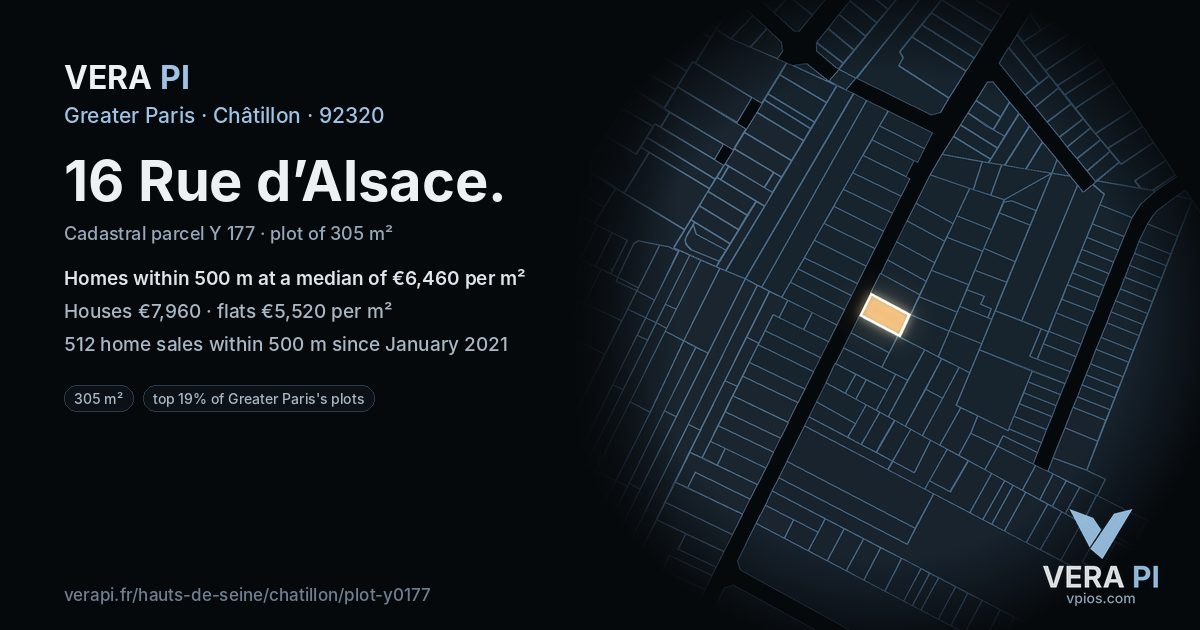 16 Rue d’Alsace, Châtillon at night – the plot lit, the parcels around coloured by the prices near them