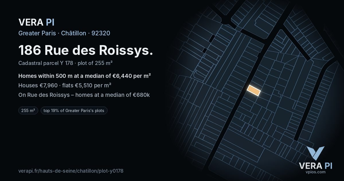 186 Rue des Roissys, Châtillon at night – the plot lit, the parcels around coloured by the prices near them
