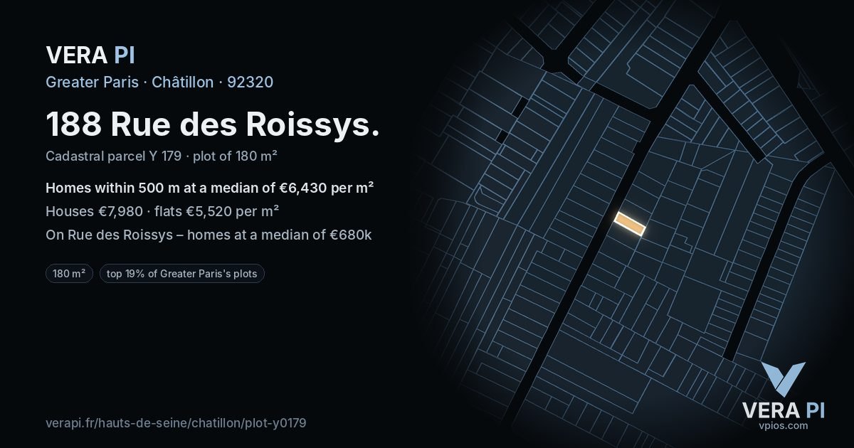 188 Rue des Roissys, Châtillon at night – the plot lit, the parcels around coloured by the prices near them