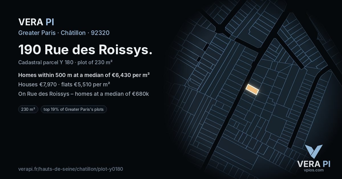 190 Rue des Roissys, Châtillon at night – the plot lit, the parcels around coloured by the prices near them