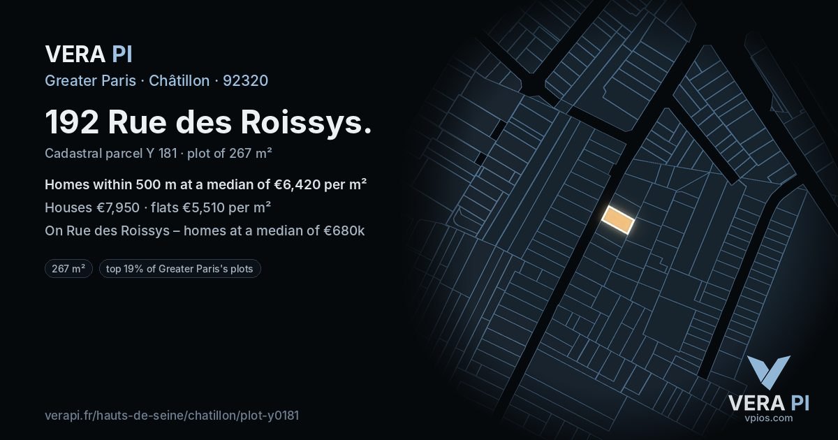 192 Rue des Roissys, Châtillon at night – the plot lit, the parcels around coloured by the prices near them