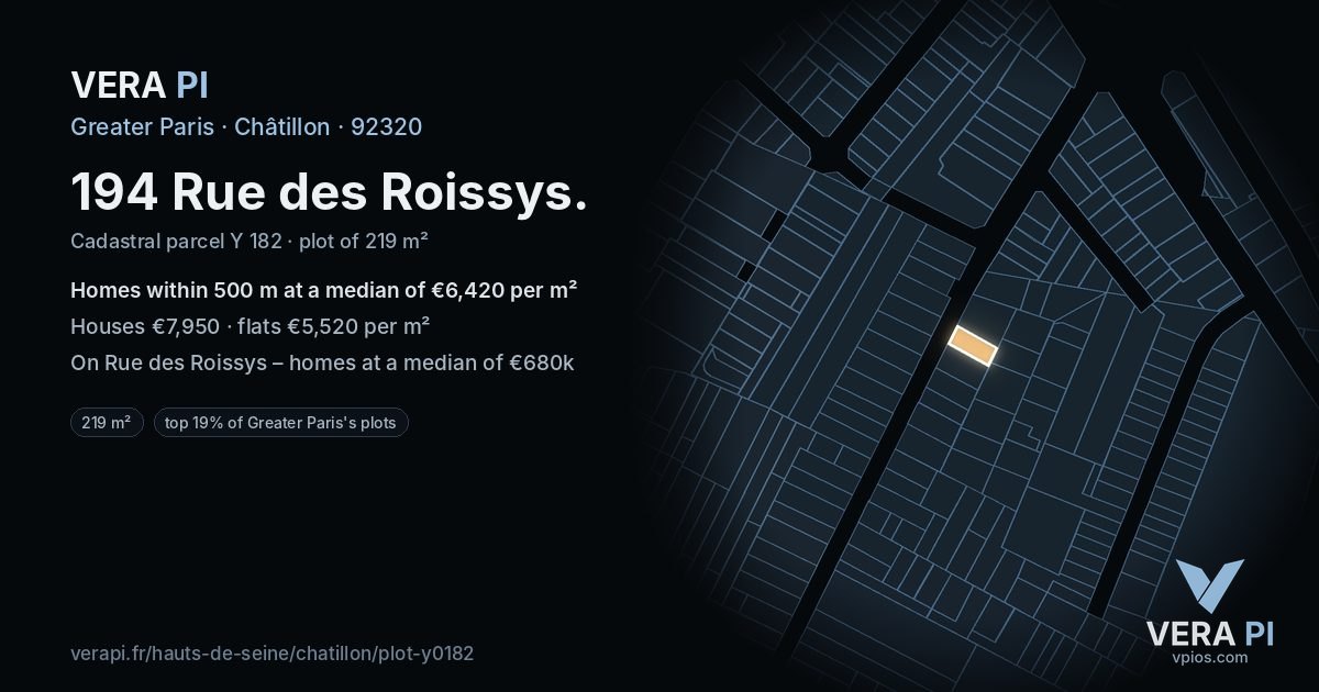 194 Rue des Roissys, Châtillon at night – the plot lit, the parcels around coloured by the prices near them
