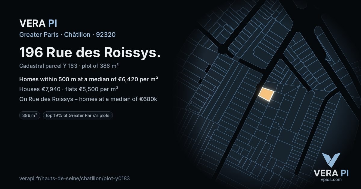196 Rue des Roissys, Châtillon at night – the plot lit, the parcels around coloured by the prices near them