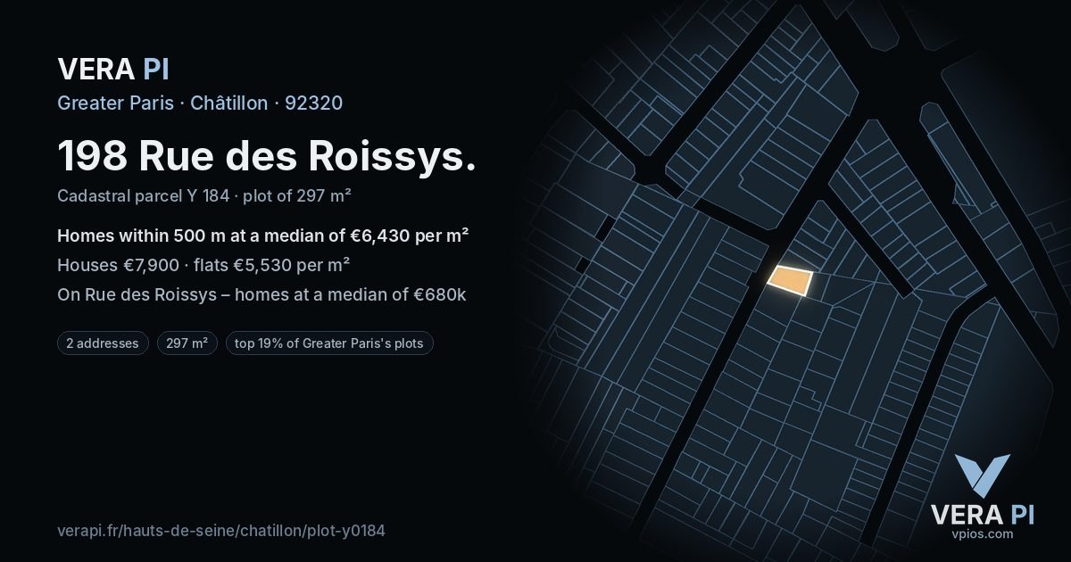 198 Rue des Roissys, Châtillon at night – the plot lit, the parcels around coloured by the prices near them