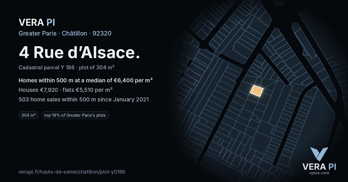 4 Rue d’Alsace, Châtillon at night – the plot lit, the parcels around coloured by the prices near them