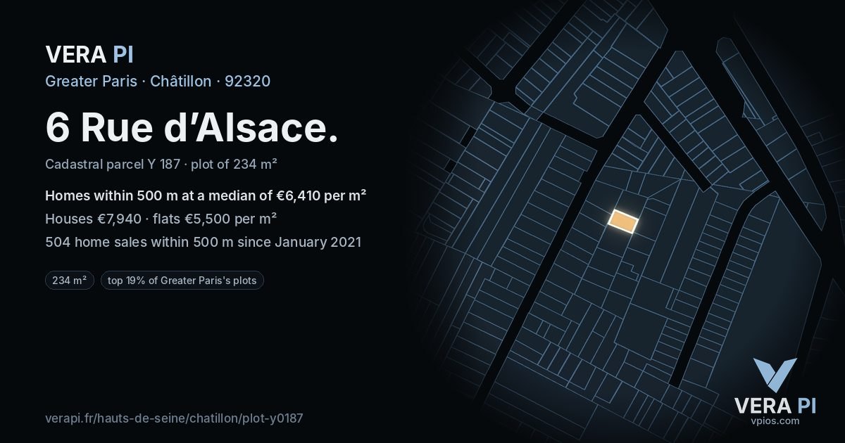 6 Rue d’Alsace, Châtillon at night – the plot lit, the parcels around coloured by the prices near them