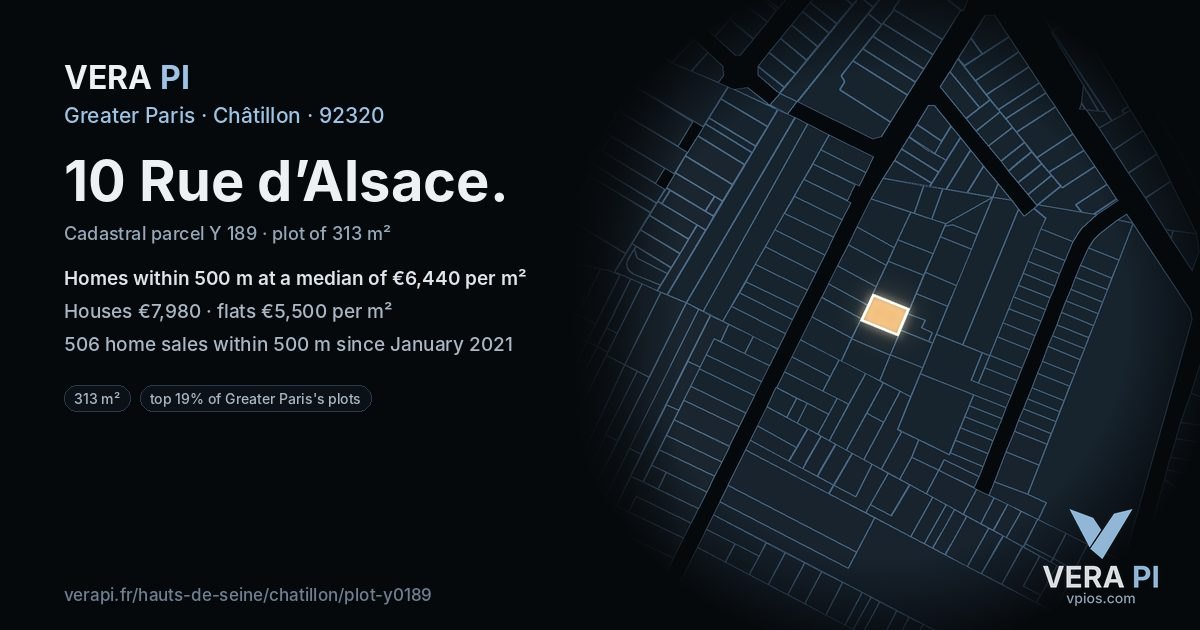 10 Rue d’Alsace, Châtillon at night – the plot lit, the parcels around coloured by the prices near them
