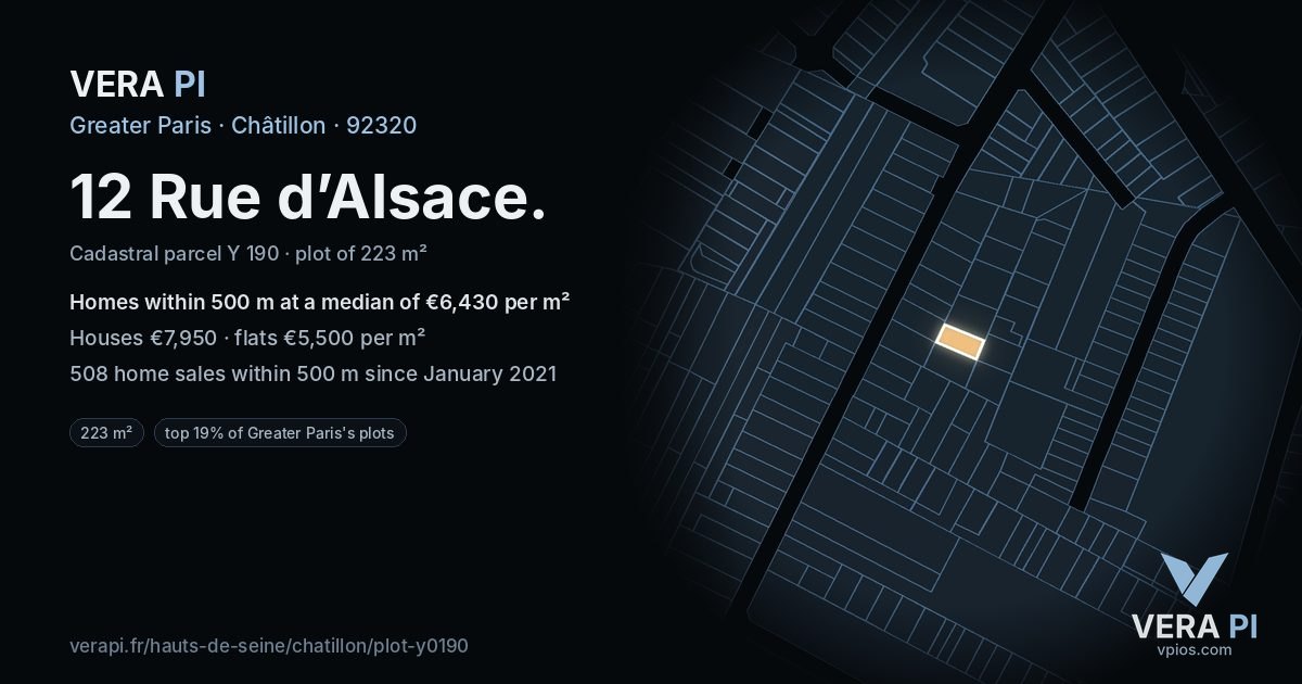 12 Rue d’Alsace, Châtillon at night – the plot lit, the parcels around coloured by the prices near them