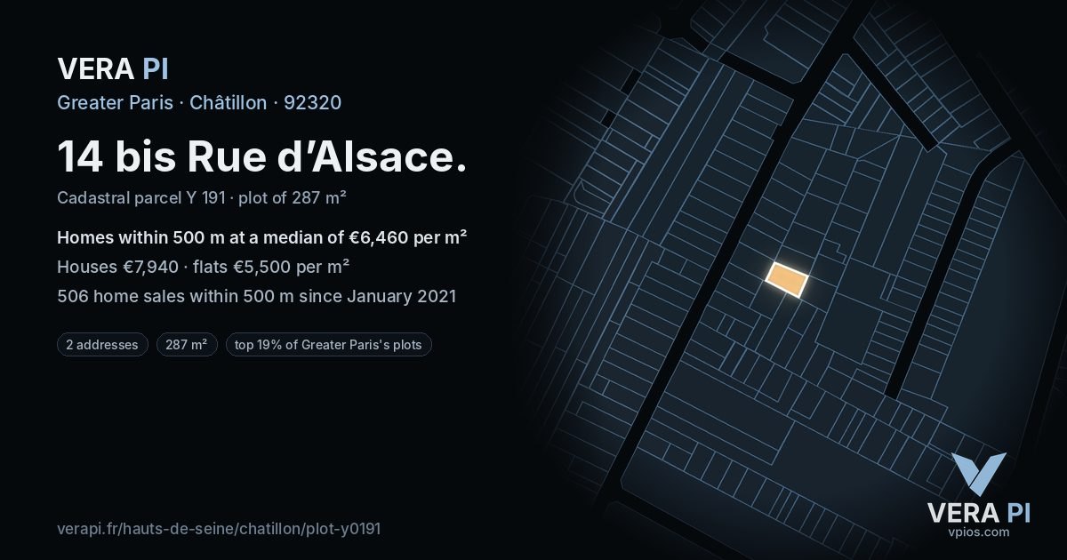 14 bis Rue d’Alsace, Châtillon at night – the plot lit, the parcels around coloured by the prices near them