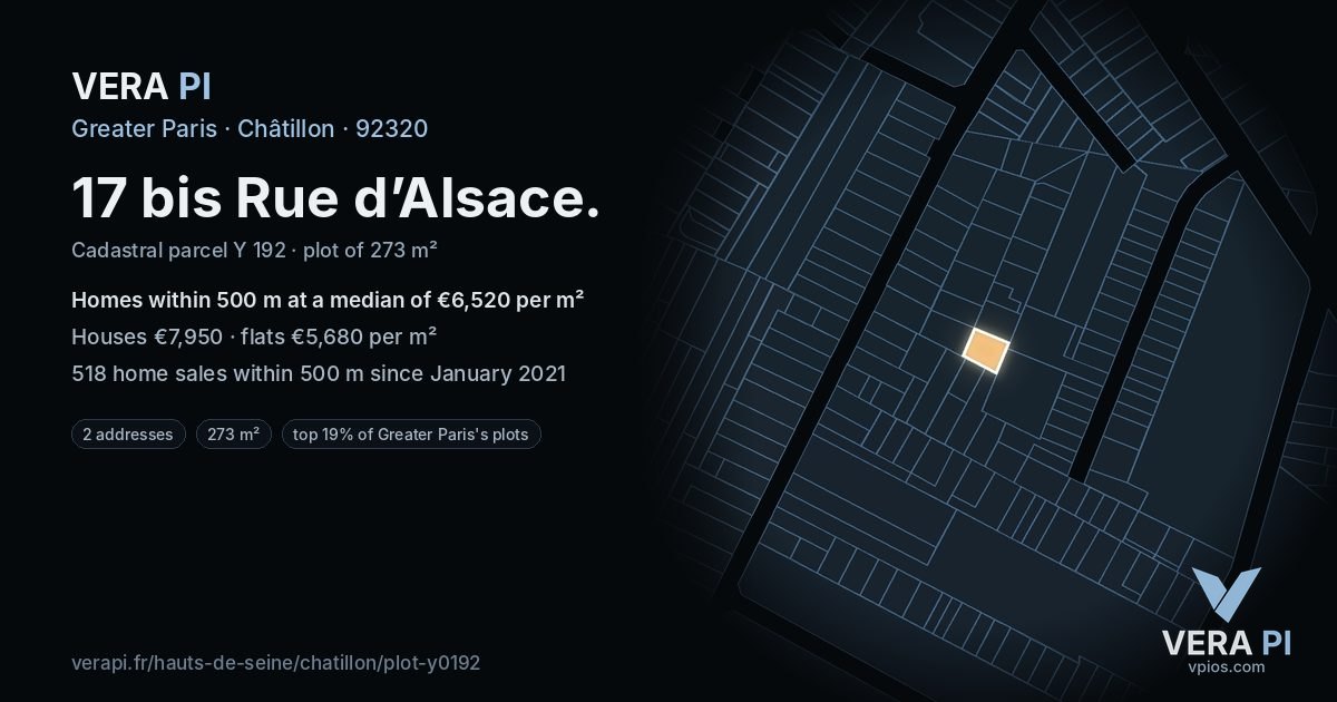 17 bis Rue d’Alsace, Châtillon at night – the plot lit, the parcels around coloured by the prices near them