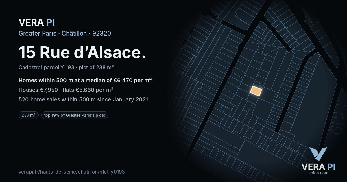 15 Rue d’Alsace, Châtillon at night – the plot lit, the parcels around coloured by the prices near them