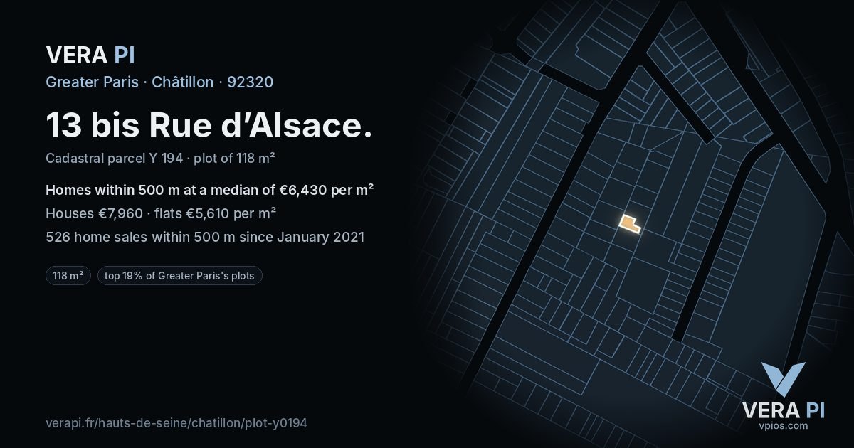 13 bis Rue d’Alsace, Châtillon at night – the plot lit, the parcels around coloured by the prices near them