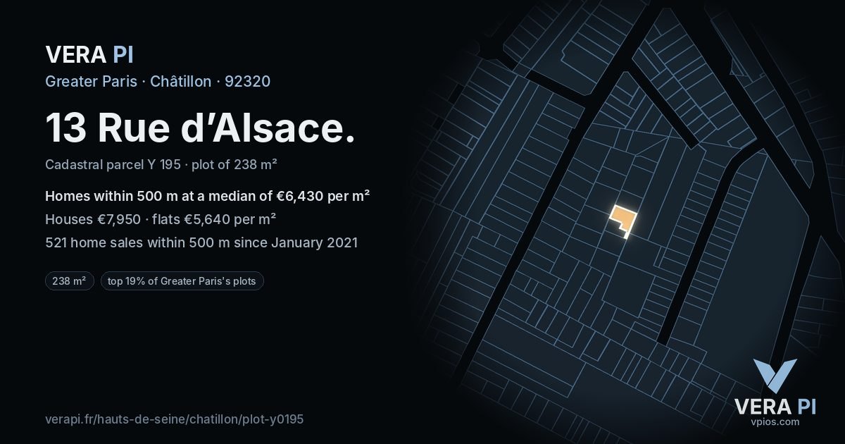 13 Rue d’Alsace, Châtillon at night – the plot lit, the parcels around coloured by the prices near them