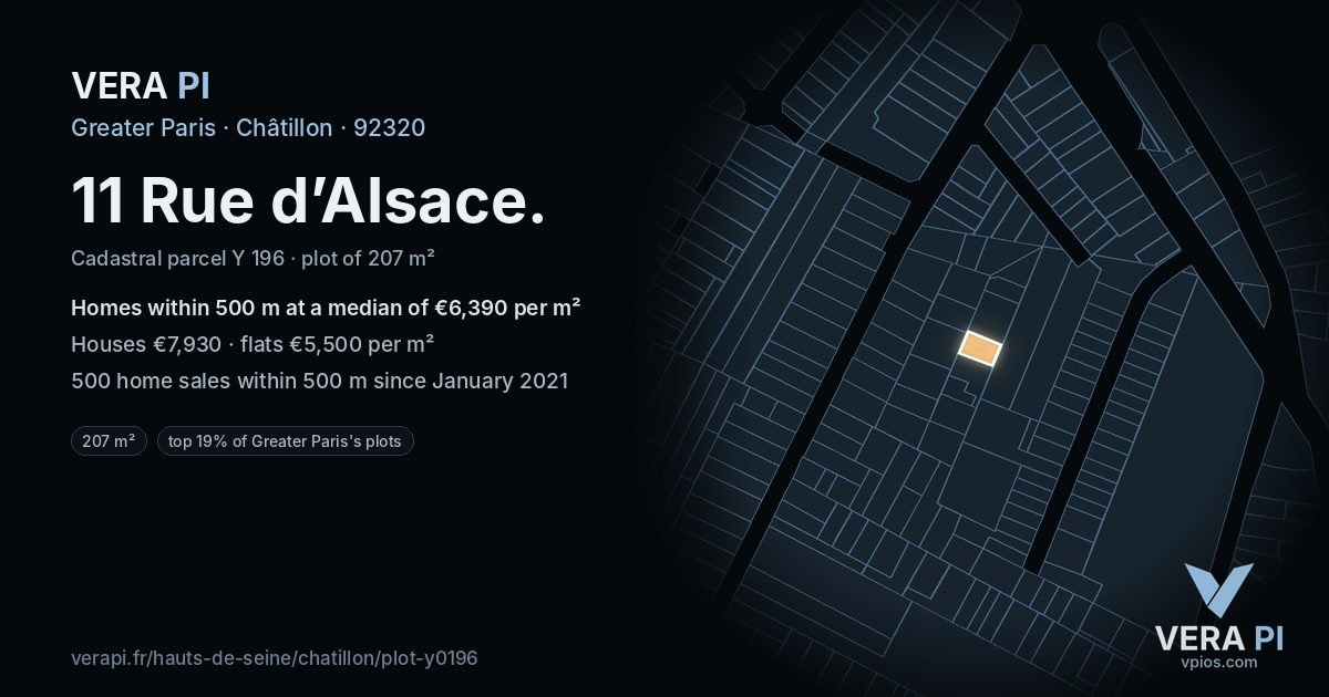 11 Rue d’Alsace, Châtillon at night – the plot lit, the parcels around coloured by the prices near them