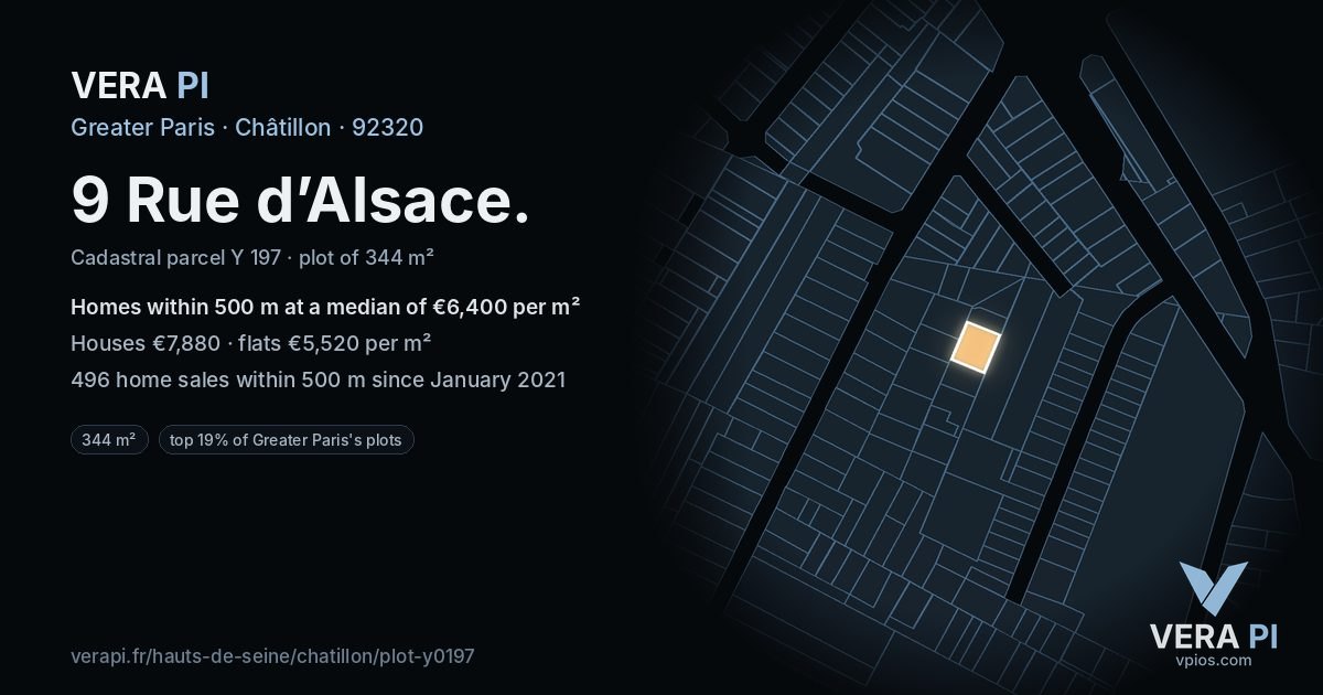 9 Rue d’Alsace, Châtillon at night – the plot lit, the parcels around coloured by the prices near them