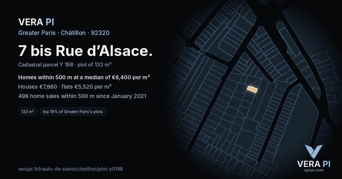 7 bis Rue d’Alsace, Châtillon at night – the plot lit, the parcels around coloured by the prices near them