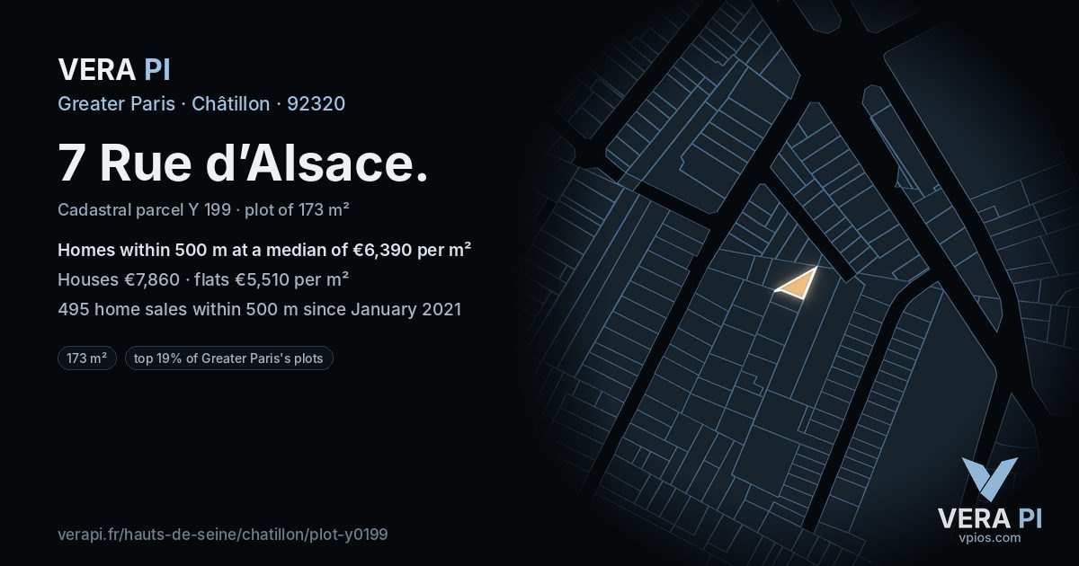7 Rue d’Alsace, Châtillon at night – the plot lit, the parcels around coloured by the prices near them