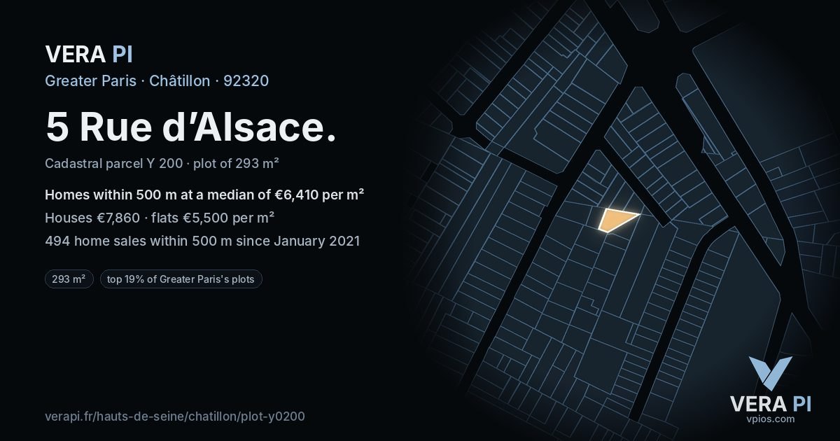 5 Rue d’Alsace, Châtillon at night – the plot lit, the parcels around coloured by the prices near them
