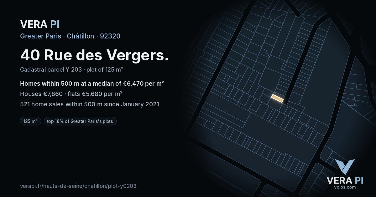 40 Rue des Vergers, Châtillon at night – the plot lit, the parcels around coloured by the prices near them