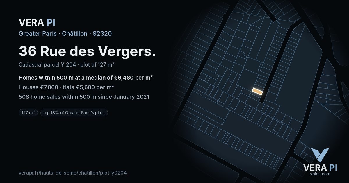 36 Rue des Vergers, Châtillon at night – the plot lit, the parcels around coloured by the prices near them