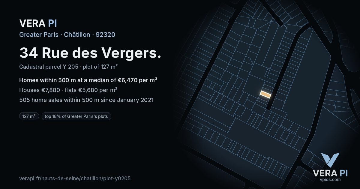 34 Rue des Vergers, Châtillon at night – the plot lit, the parcels around coloured by the prices near them