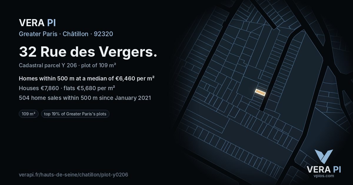 32 Rue des Vergers, Châtillon at night – the plot lit, the parcels around coloured by the prices near them