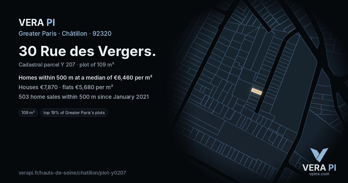 30 Rue des Vergers, Châtillon at night – the plot lit, the parcels around coloured by the prices near them