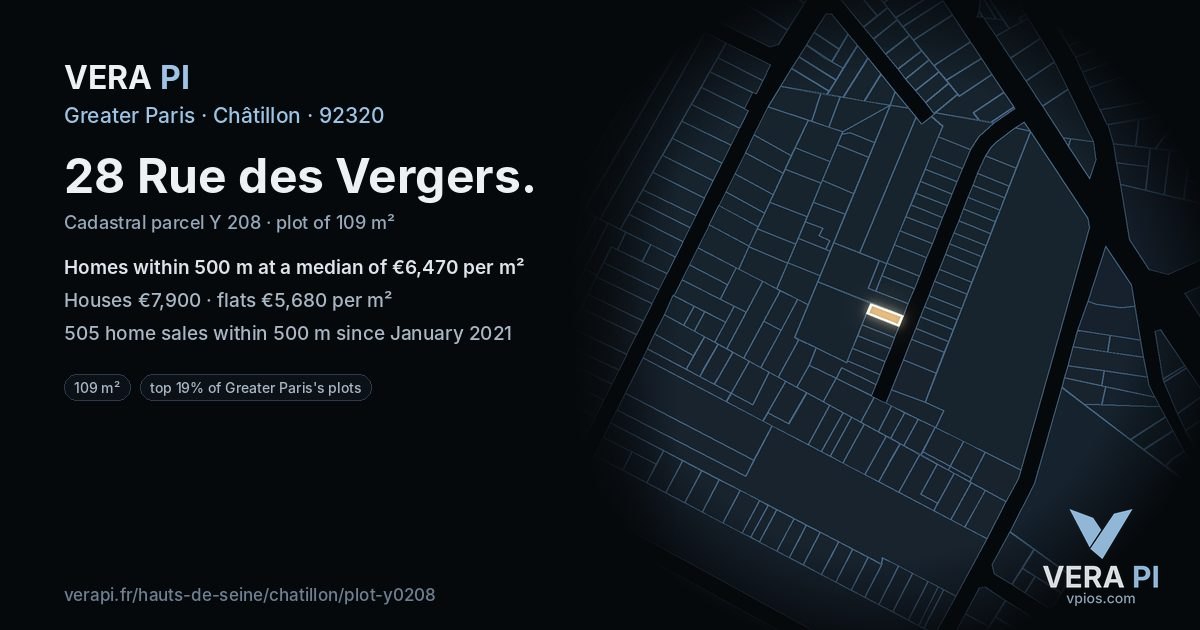 28 Rue des Vergers, Châtillon at night – the plot lit, the parcels around coloured by the prices near them
