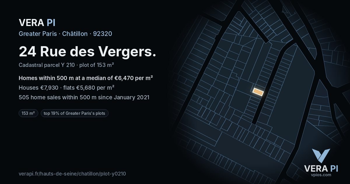 24 Rue des Vergers, Châtillon at night – the plot lit, the parcels around coloured by the prices near them