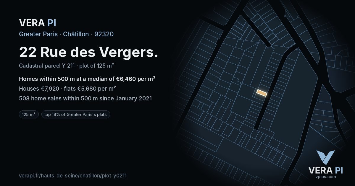 22 Rue des Vergers, Châtillon at night – the plot lit, the parcels around coloured by the prices near them