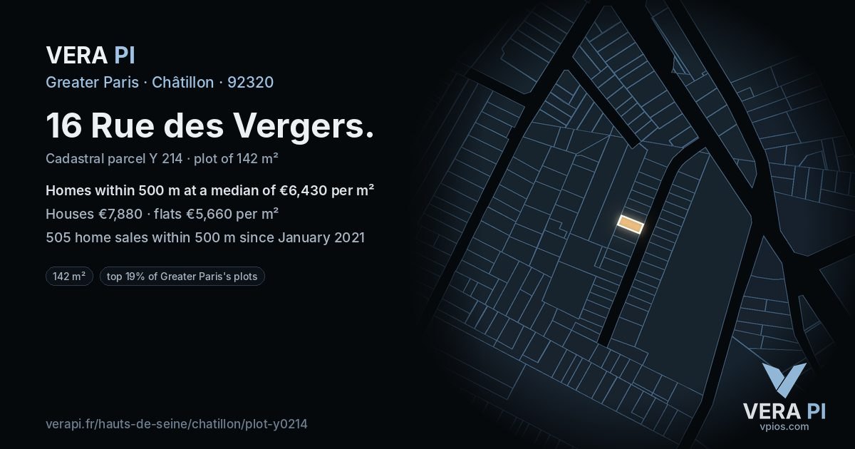 16 Rue des Vergers, Châtillon at night – the plot lit, the parcels around coloured by the prices near them