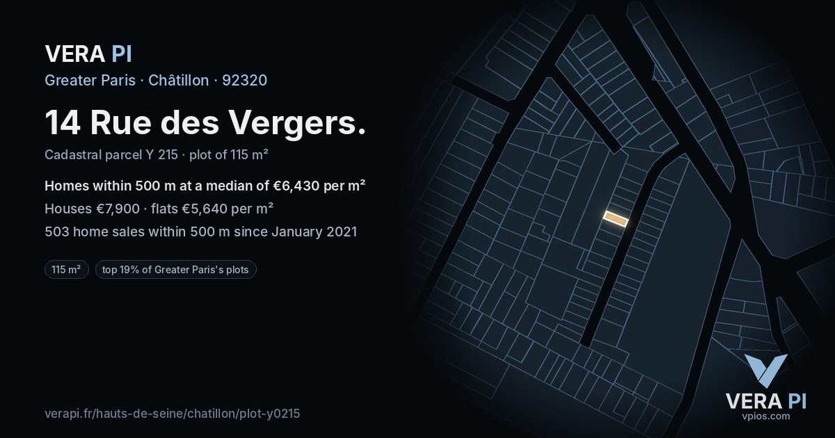 14 Rue des Vergers, Châtillon at night – the plot lit, the parcels around coloured by the prices near them