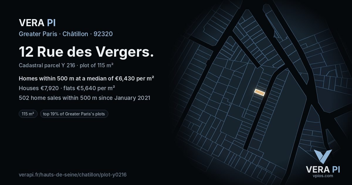 12 Rue des Vergers, Châtillon at night – the plot lit, the parcels around coloured by the prices near them