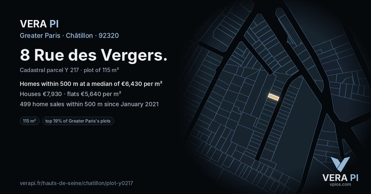 8 Rue des Vergers, Châtillon at night – the plot lit, the parcels around coloured by the prices near them