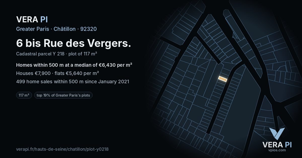 6 bis Rue des Vergers, Châtillon at night – the plot lit, the parcels around coloured by the prices near them