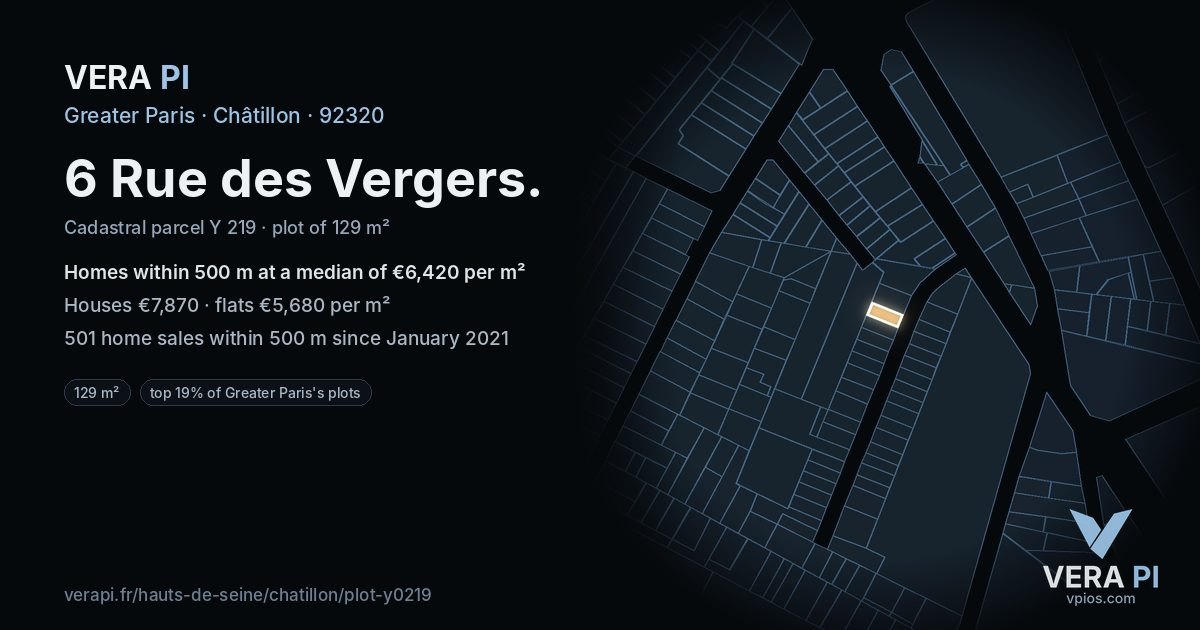 6 Rue des Vergers, Châtillon at night – the plot lit, the parcels around coloured by the prices near them