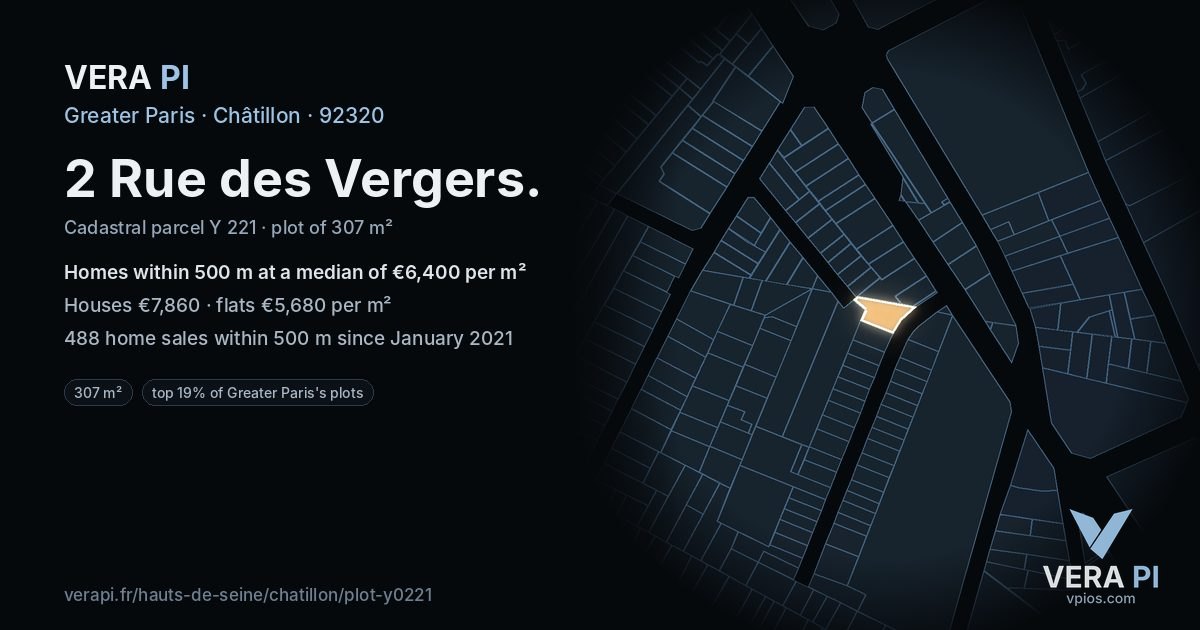 2 Rue des Vergers, Châtillon at night – the plot lit, the parcels around coloured by the prices near them