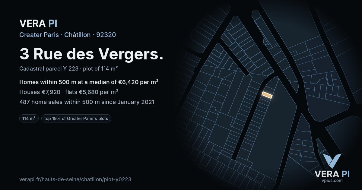 3 Rue des Vergers, Châtillon at night – the plot lit, the parcels around coloured by the prices near them