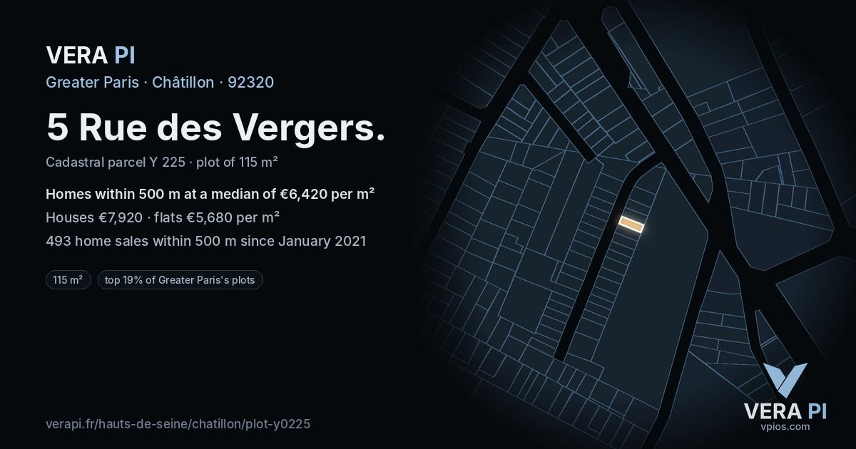 5 Rue des Vergers, Châtillon at night – the plot lit, the parcels around coloured by the prices near them