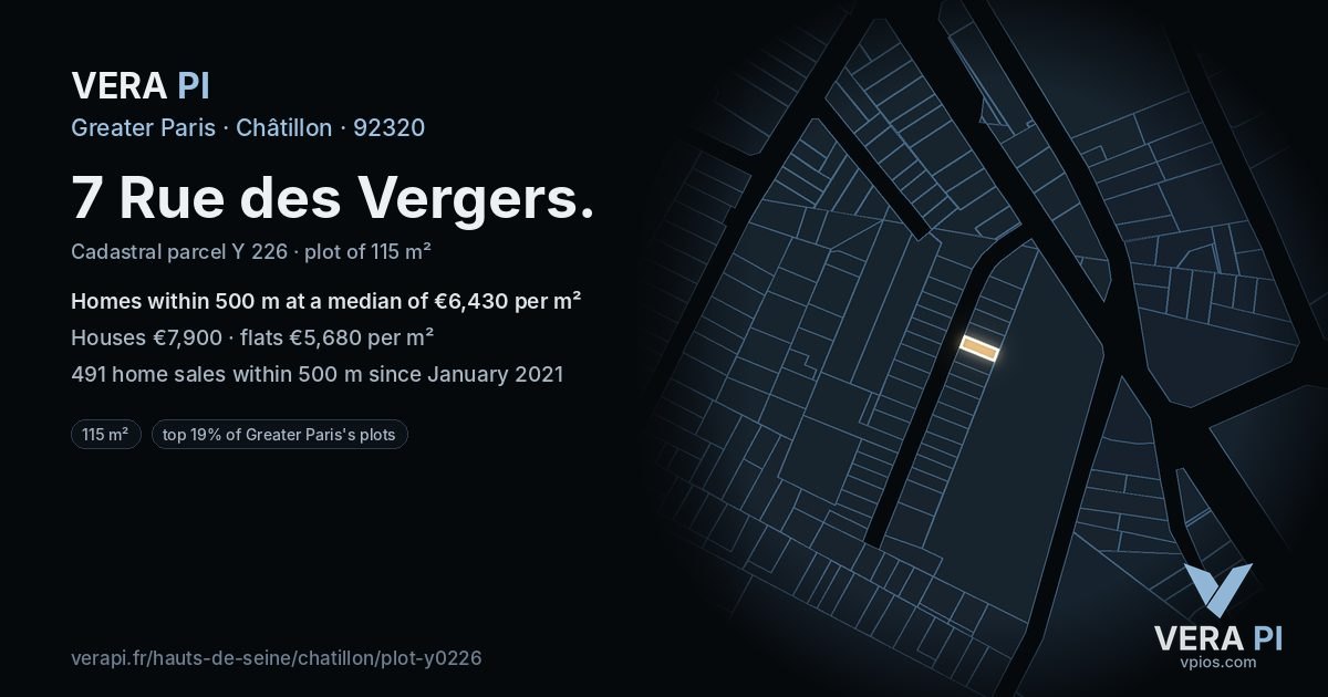 7 Rue des Vergers, Châtillon at night – the plot lit, the parcels around coloured by the prices near them