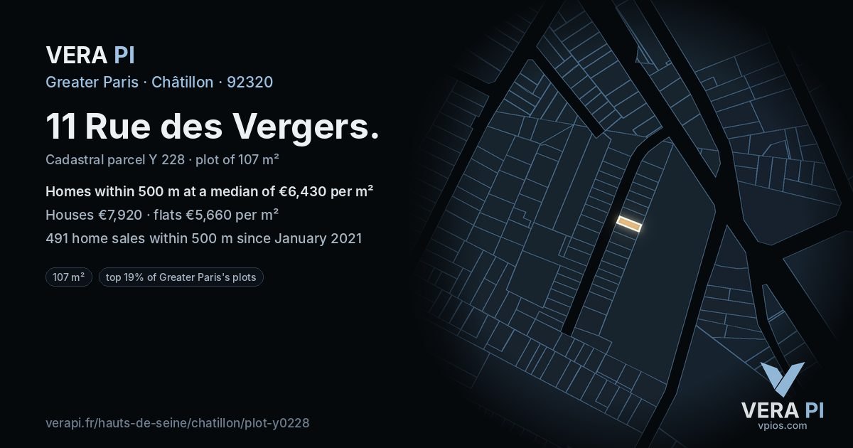 11 Rue des Vergers, Châtillon at night – the plot lit, the parcels around coloured by the prices near them