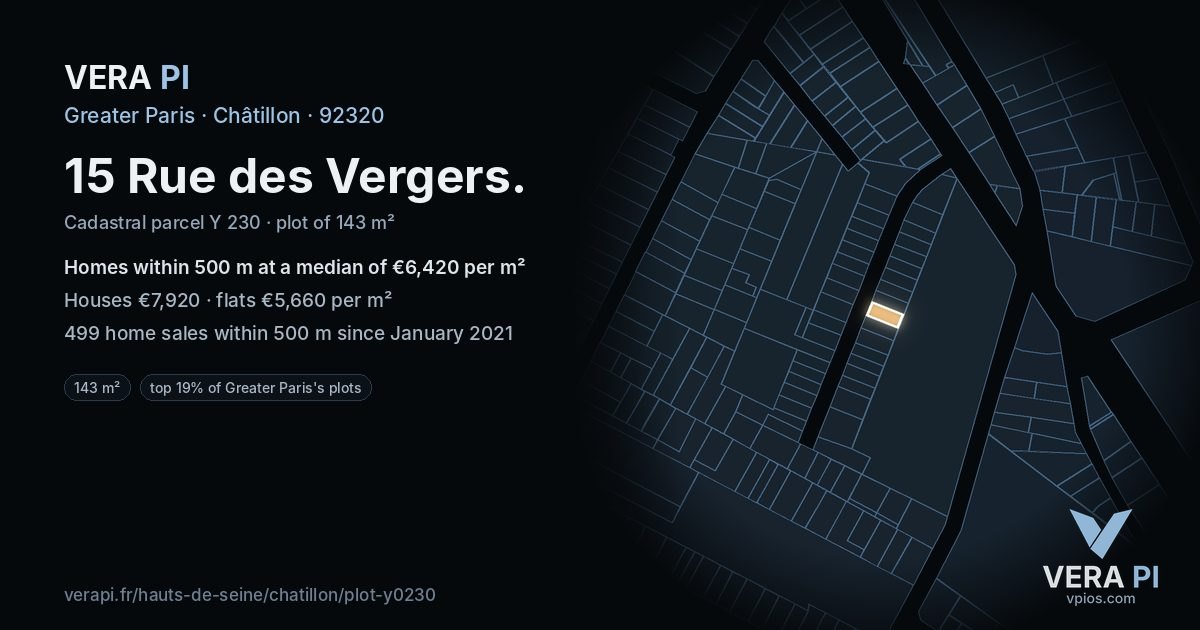 15 Rue des Vergers, Châtillon at night – the plot lit, the parcels around coloured by the prices near them