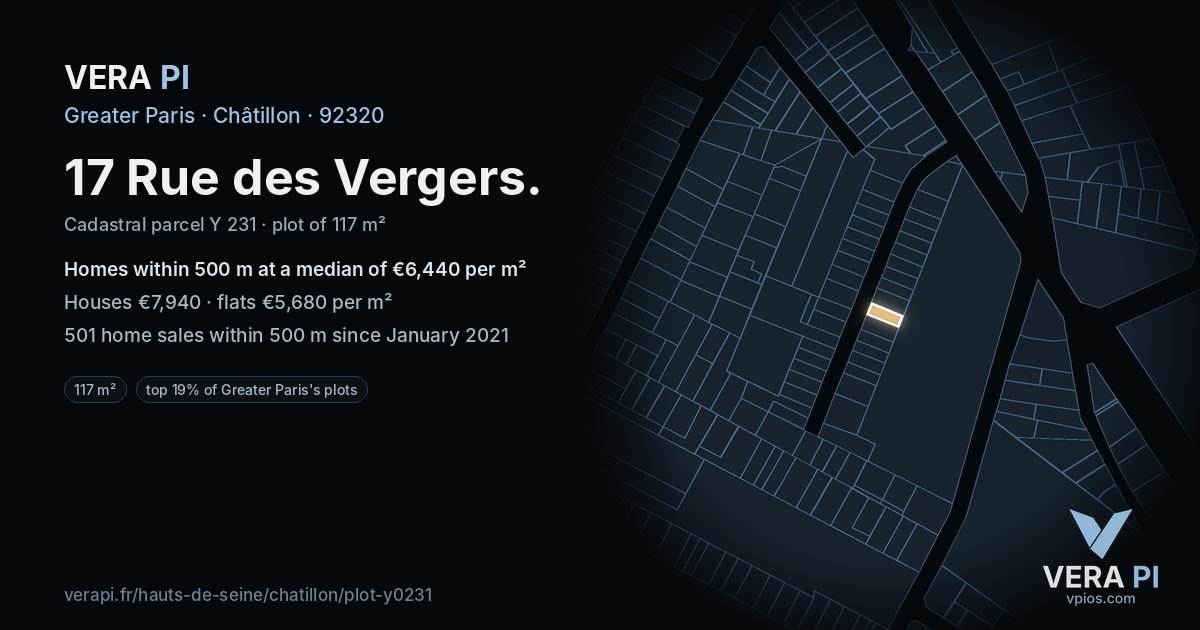 17 Rue des Vergers, Châtillon at night – the plot lit, the parcels around coloured by the prices near them