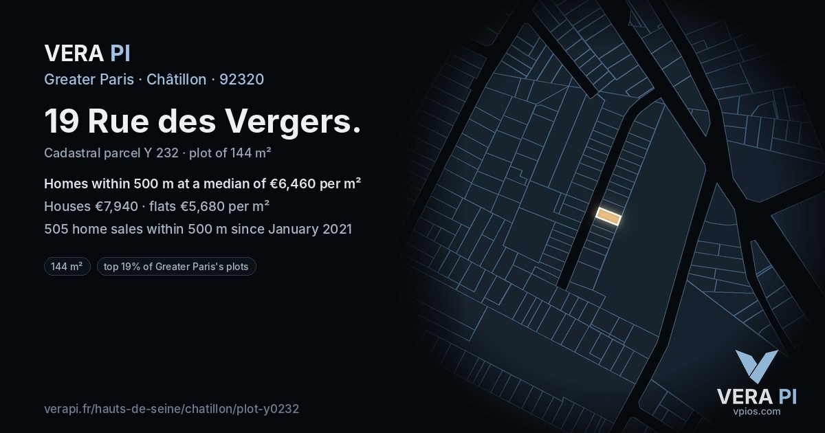 19 Rue des Vergers, Châtillon at night – the plot lit, the parcels around coloured by the prices near them
