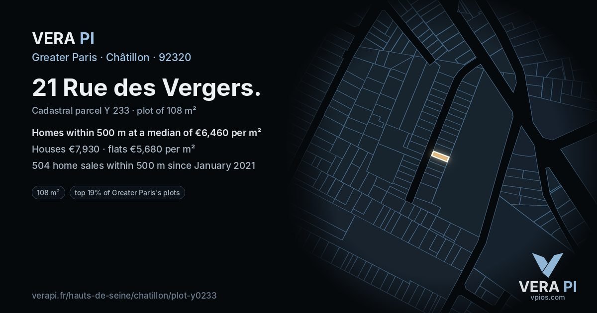 21 Rue des Vergers, Châtillon at night – the plot lit, the parcels around coloured by the prices near them