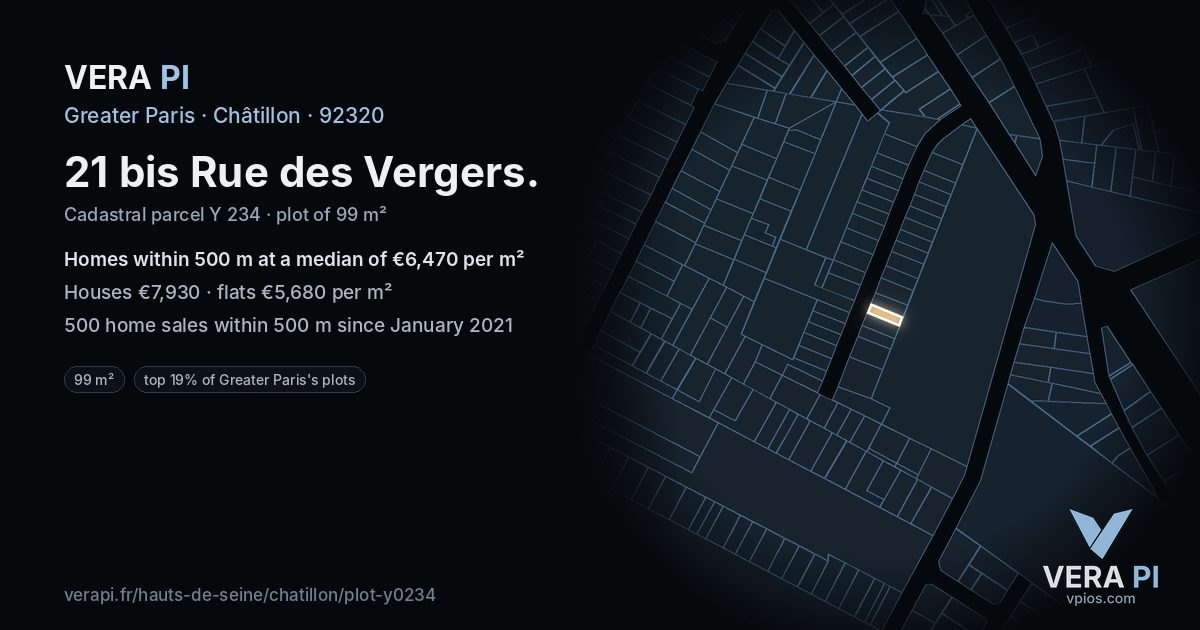 21 bis Rue des Vergers, Châtillon at night – the plot lit, the parcels around coloured by the prices near them